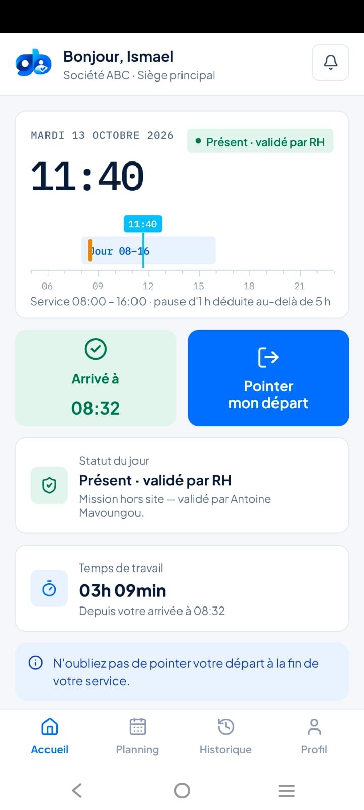 Application grandB Présence : arrivée à 08:32 et statut validé par RH